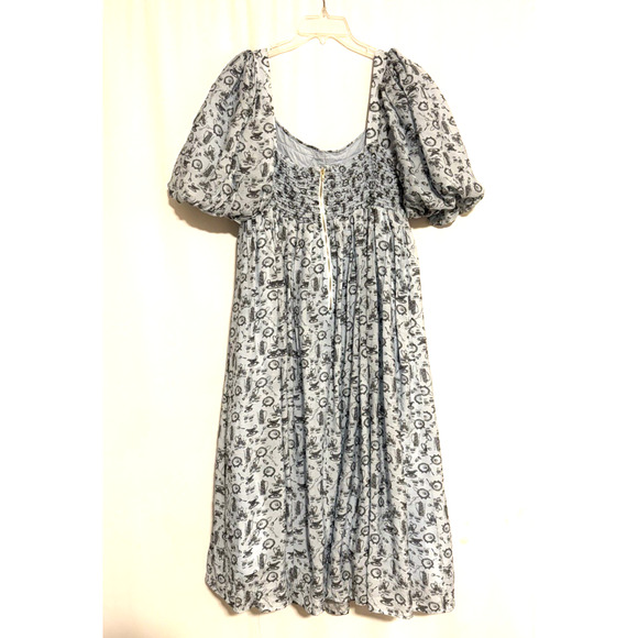 Worth Collective Maxi Dress XL Blue Smoked Puff Sleeve Aline Boho - Picture 6 of 8